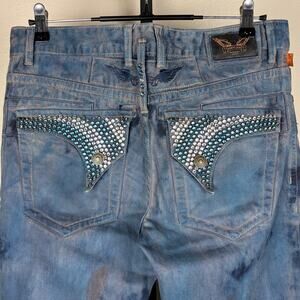 Robins Jeans Motor Long Flap Studded Rhinestone Blue Dyed Sz 33 Denim